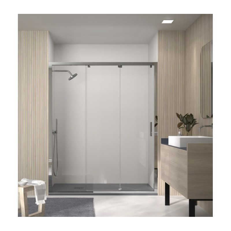 MAMPARA DELHI 184cm (184-188cm) VIDRIO TRANSPARENTE ANTICAL PERFIL PLATA BRILLO FIJO DERECHA DOCCIA 
