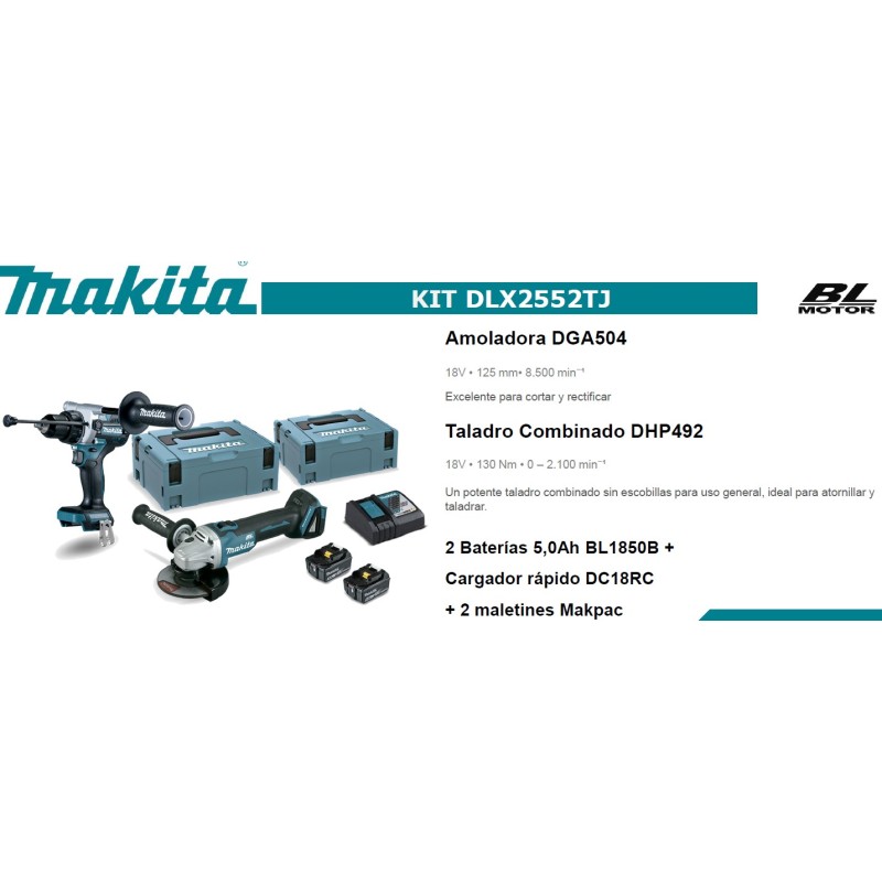COMBO DLX2552TJ (Radial DGA504Z + Taladro DHP492Z + 2 Bat BL1850B + Cargador DC18RC + 2 MAKPAC)