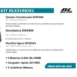 COMBO DLX3196JX1 (Taladro DHP484Z + Radial DGA504Z + Martillo DHR243Z + 2 Bat BL1850B + Cargador DC18RC + 2 MAKPAC) MAKI 